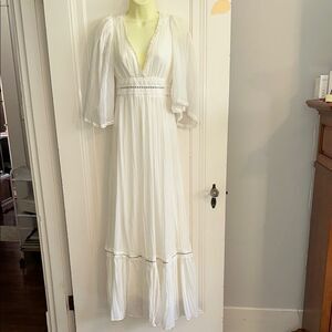 Vintage 70s Jack Kramer White V Neck Crinkle Cloth Flutter Sleeve Maxi Dress